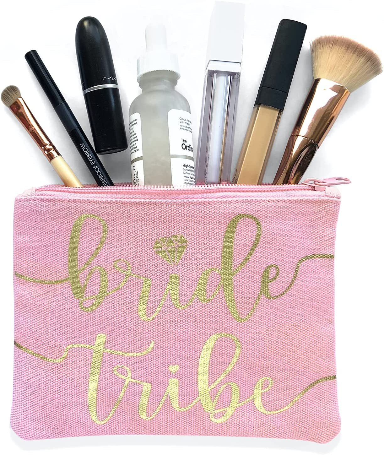 Bride Tribe Makeup Bags - Bridesmaid Favor for Bachelorette Party, Bridal Shower, Wedding. Cosmetics/Toiletries Bag, Wedding Survival Kit, Hangover Kit, Keepsake (4+1Pc Bride Tribe + Bride, Blush)