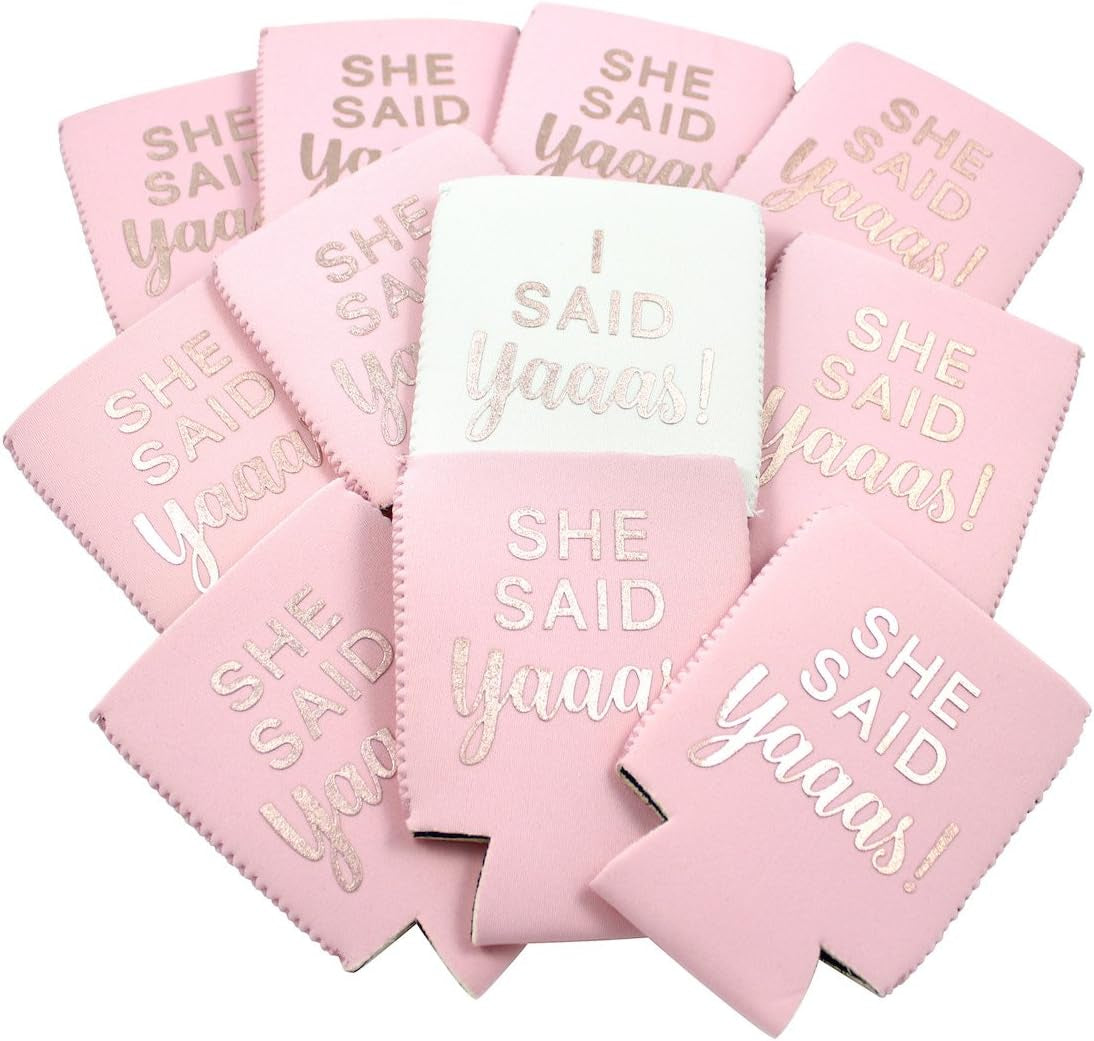 11Pc or 6Pc Set She Said Yaaas! & I Said Yaaas! Drink Coolers. Bachelorette, Bridal Shower, Wedding. 4Mm Thick Bottle Sleeves, Can Coolies, Beverage Insulators (11Pc Set, Blush & Rose Gold)