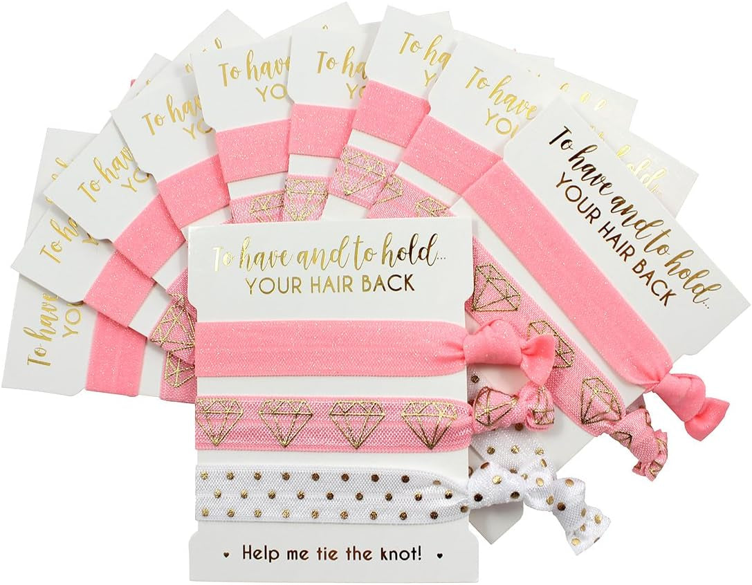 10-Pack of Hair Tie Cards - Bachelorette Party and Wedding Shower Proposal Favors for Bridesmaids, Team Bride, Bride Tribe (Pink White & Gold)