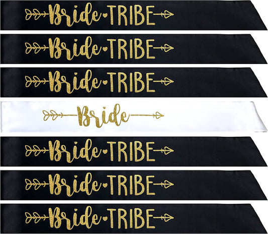 Bride Tribe 7Pc or 10Pc Satin Sash Set - Sophisticated & Fun Party Favors for Bachelorette Party, Bridal Shower & Wedding Party (Black & Gold, 7Pc Set)
