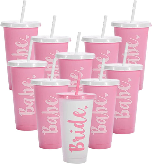 Bride & Babe Bachelorette Cups for Bachelorette Party [10 Pack] | Bachelorette Party Supplies | Bachelorette Party Cups | Bride Cup, Bridesmaids Cups | Set of 10 with Lids