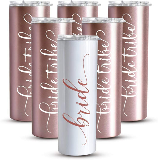Bride to Be Skinny Tumbler | 20 Oz Bride Tribe Stainless Steel Wine Tumblers | Engagement Wedding Gifts Bridesmaids Mugs Bachelorette Party Supplies & Games | Insulated Skinny Rose Gold Cups