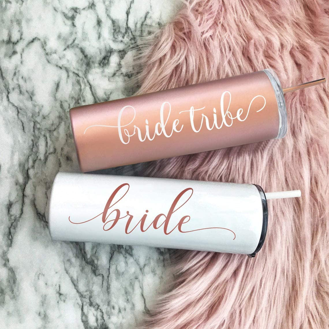 Bride to Be Skinny Tumbler | 20 Oz Bride Tribe Stainless Steel Wine Tumblers | Engagement Wedding Gifts Bridesmaids Mugs Bachelorette Party Supplies & Games | Insulated Skinny Rose Gold Cups