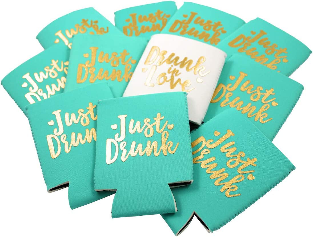 11Pc Set Drunk in Love & Just Drunk Can Coolers for Bachelorette, Bridal Shower, Wedding. 4Mm Thick Bottle Sleeves, Can Coolies, Beverage Insulators (11Pc Set, Aqua W/Gold)