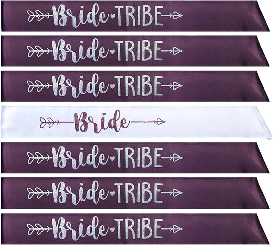 Bride Tribe 7Pc or 10Pc Satin Sash Set - Sophisticated & Fun Party Favors for Bachelorette Party, Bridal Shower & Wedding Party (Plum & Silver, 7Pc Set)