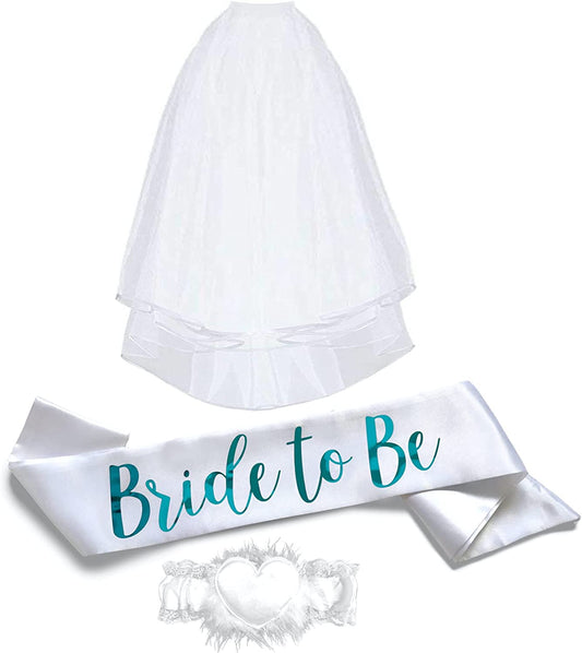Bride to Be 3Pc Sash Set - Sophisticated & Fun Party Favor for Bachelorette Party, Bridal Shower & Wedding Party (3Pc Set, White & Teal (Font #2))