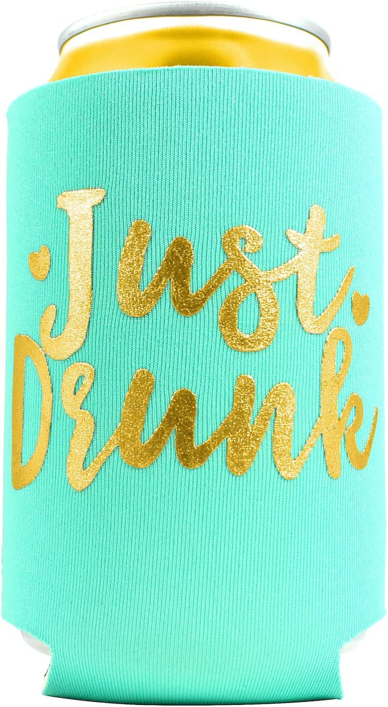 11Pc Set Drunk in Love & Just Drunk Can Coolers for Bachelorette, Bridal Shower, Wedding. 4Mm Thick Bottle Sleeves, Can Coolies, Beverage Insulators (11Pc Set, Aqua W/Gold)